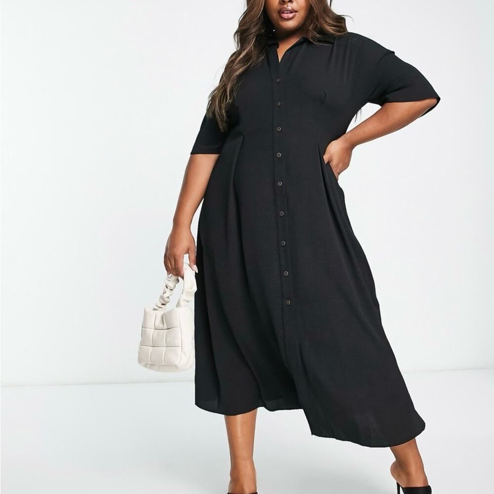 ASOS DESIGN NWT Curve Button Through Waist Midi Shirt Dress Black Size 12